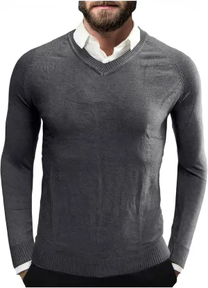 Mens Stretch Cotton V Neck Thermal Sweaters Lightweight Slim Fit Soft Merino Wool Classic Work Pullover Sweaters