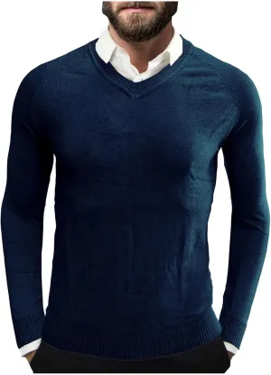 Mens Stretch Cotton V Neck Thermal Sweaters Lightweight Slim Fit Soft Merino Wool Classic Work Pullover Sweaters