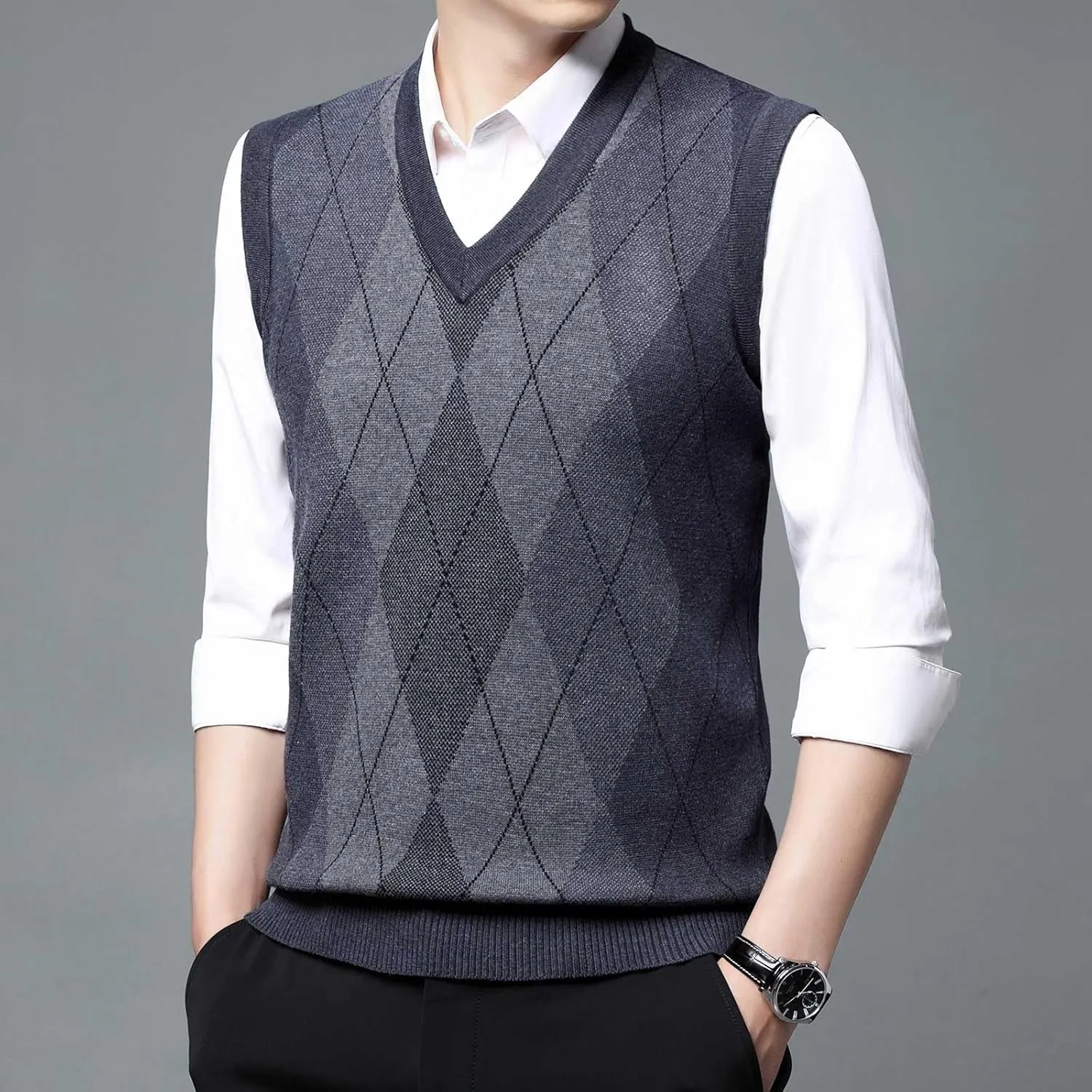 Men's Sweater Vests Argyle Plaid Graphic Print Knitted Pullover Sweater V Neck Sleeveless Comfort Soft Jumper Tops