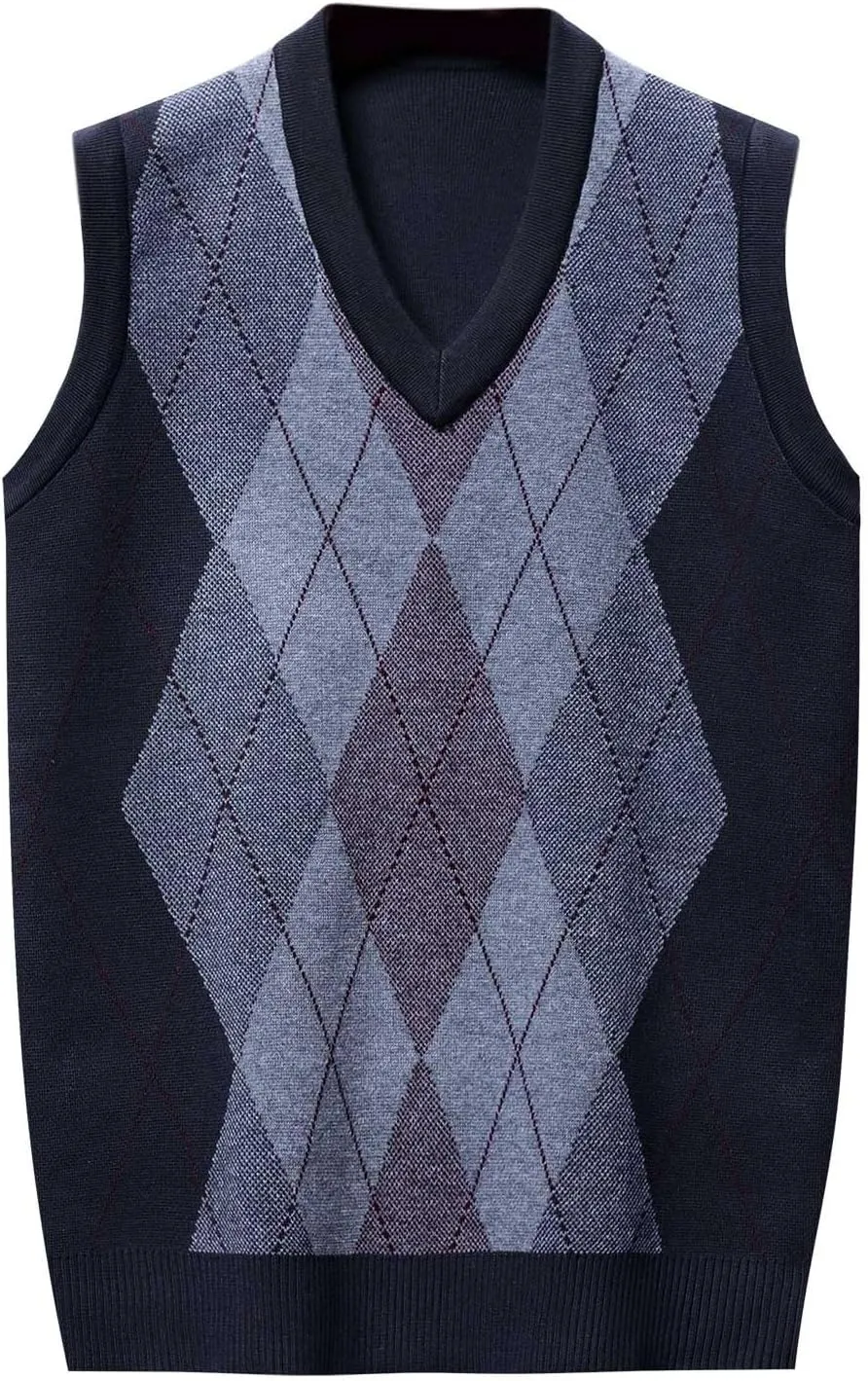 Men's Sweater Vests Argyle Plaid Graphic Print Knitted Pullover Sweater V Neck Sleeveless Comfort Soft Jumper Tops
