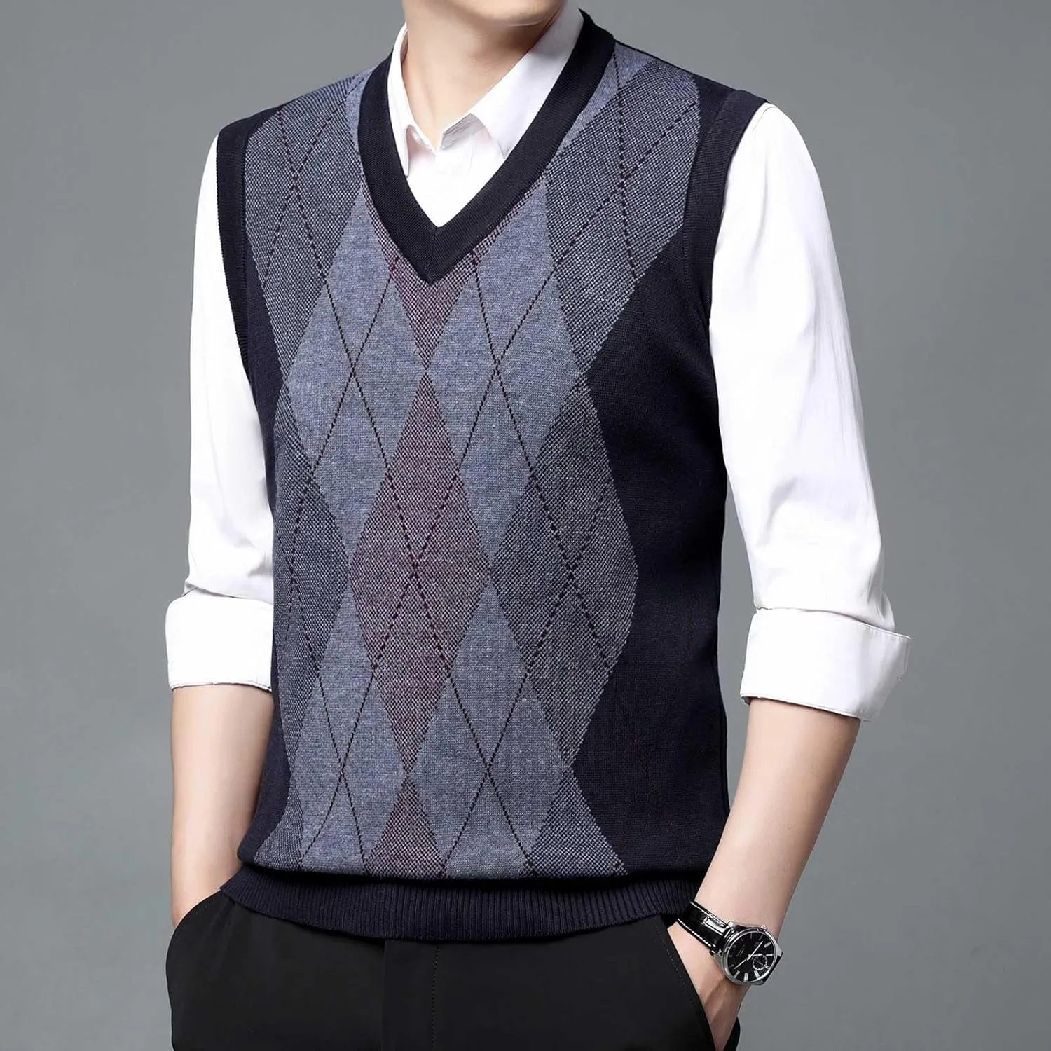 Men's Sweater Vests Argyle Plaid Graphic Print Knitted Pullover Sweater V Neck Sleeveless Comfort Soft Jumper Tops
