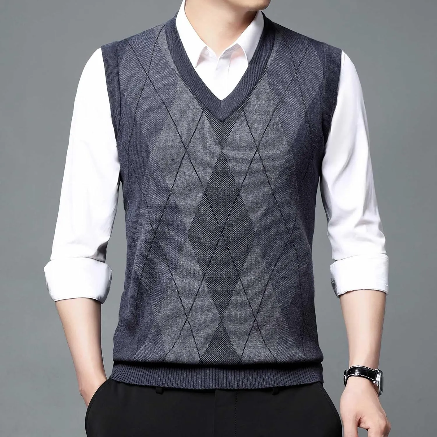Men's Sweater Vests Argyle Plaid Graphic Print Knitted Pullover Sweater V Neck Sleeveless Comfort Soft Jumper Tops