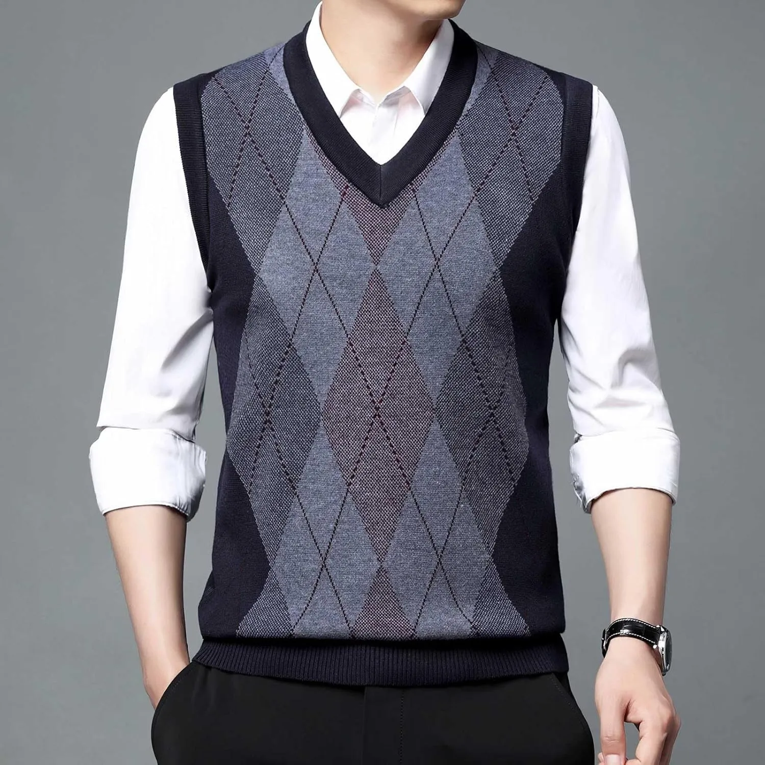Men's Sweater Vests Argyle Plaid Graphic Print Knitted Pullover Sweater V Neck Sleeveless Comfort Soft Jumper Tops