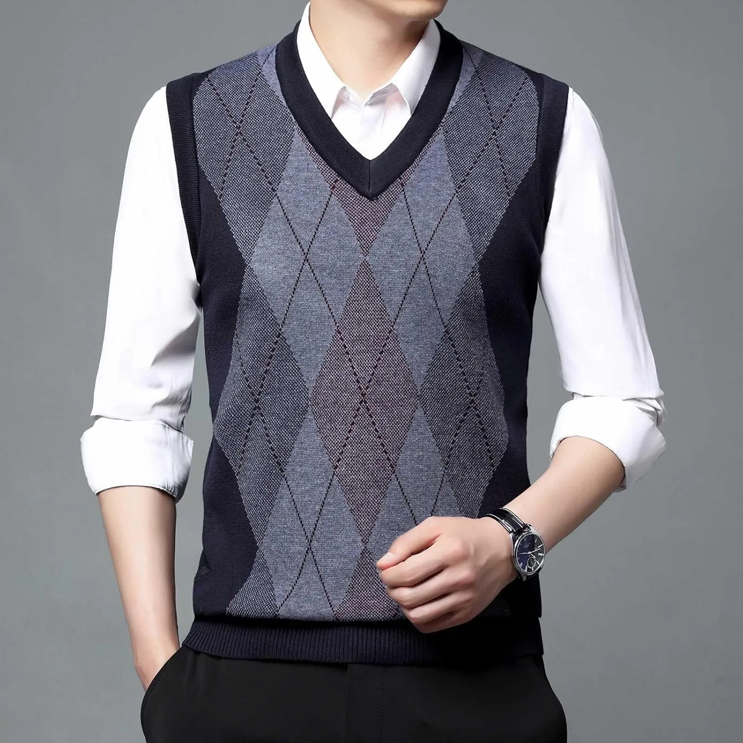 Men's Sweater Vests Argyle Plaid Graphic Print Knitted Pullover Sweater V Neck Sleeveless Comfort Soft Jumper Tops