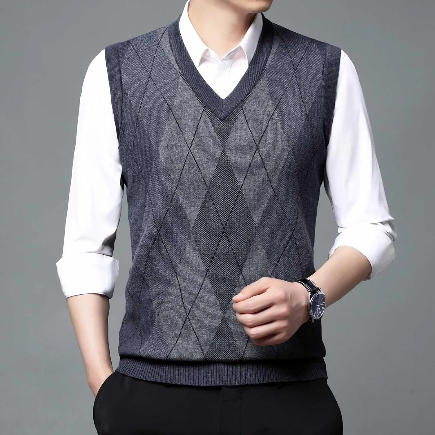 Men's Sweater Vests Argyle Plaid Graphic Print Knitted Pullover Sweater V Neck Sleeveless Comfort Soft Jumper Tops