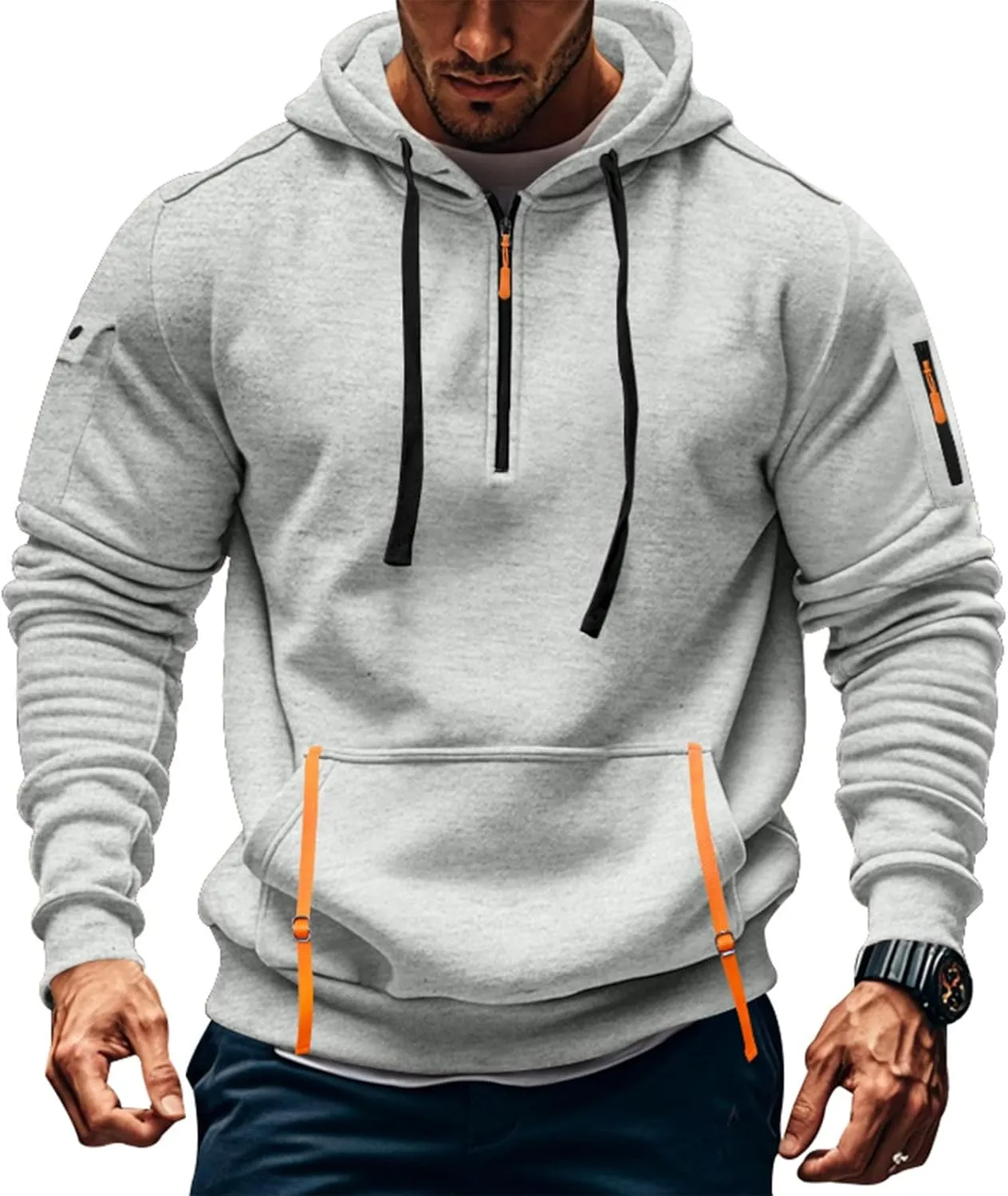 Mens Tactical Hoodie Plus Size Vintage Quarter Zip Pullover Comfy Oversized Military Tactical Shirt with Pockets