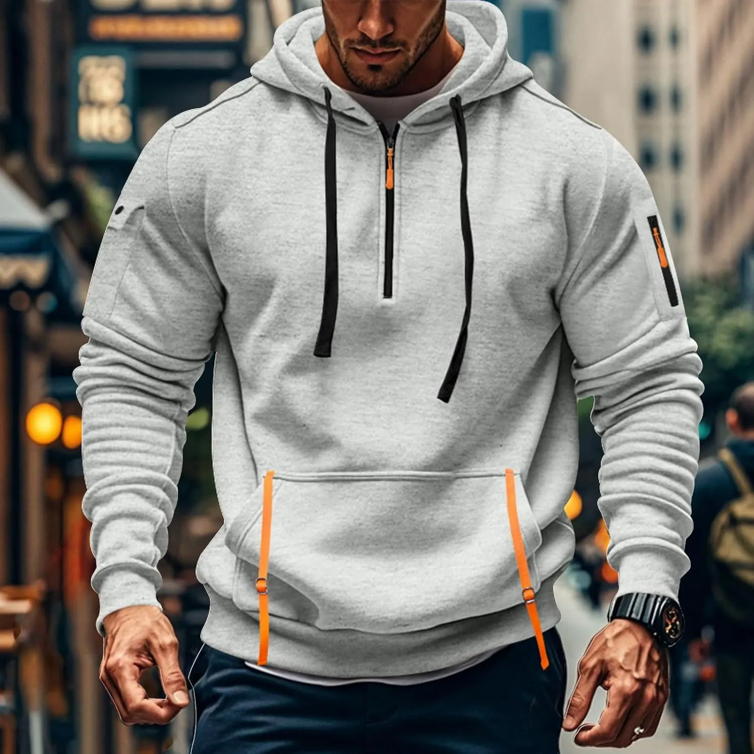 Mens Tactical Hoodie Plus Size Vintage Quarter Zip Pullover Comfy Oversized Military Tactical Shirt with Pockets