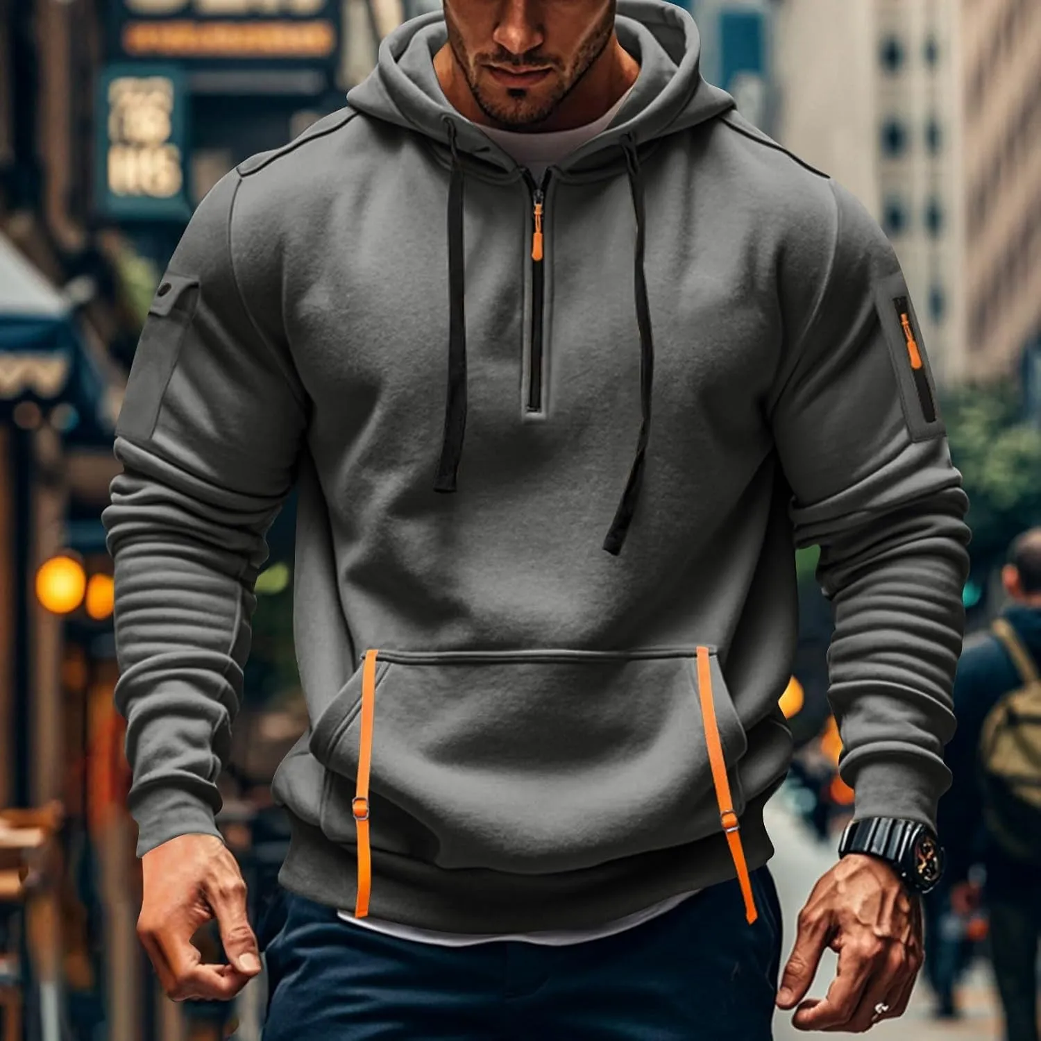 Mens Tactical Hoodies Plus Size Vintage Quarter Zip Pullover Oversized Long Sleeve Tactical Shirt with Pockets