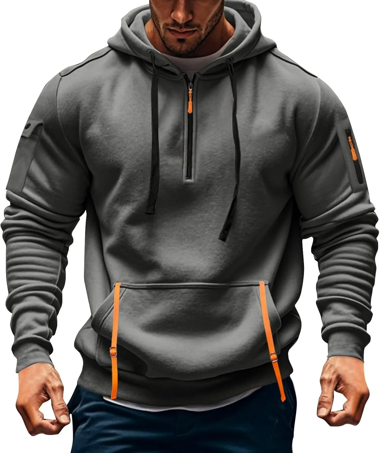 Mens Tactical Hoodies Plus Size Vintage Quarter Zip Pullover Oversized Long Sleeve Tactical Shirt with Pockets