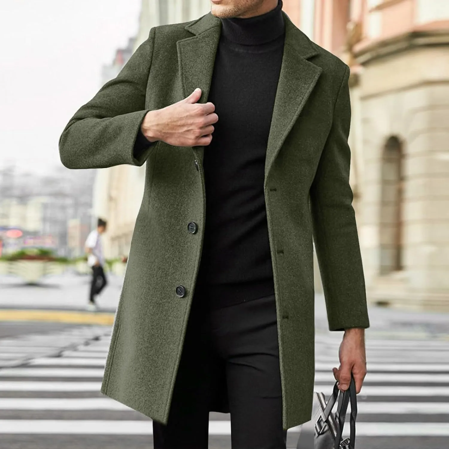 Mens Trench Coat Slim Fit Notch Lapel Single Breasted Business Casual Long Peacoat Fall Winter Windproof Overcoat