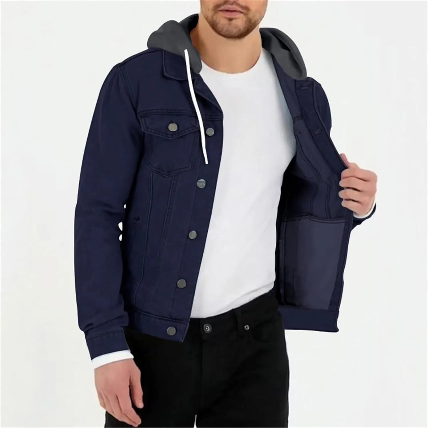 Mens Trendy Working Hoodies Jackets Zipper Long Sleeves Lapel Distressed Jean Coats Casual Fit Multi-Pocket Tops