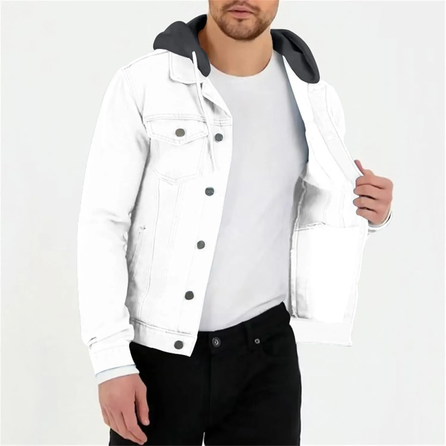 Mens Trendy Working Hoodies Jackets Zipper Long Sleeves Lapel Distressed Jean Coats Casual Fit Multi-Pocket Tops