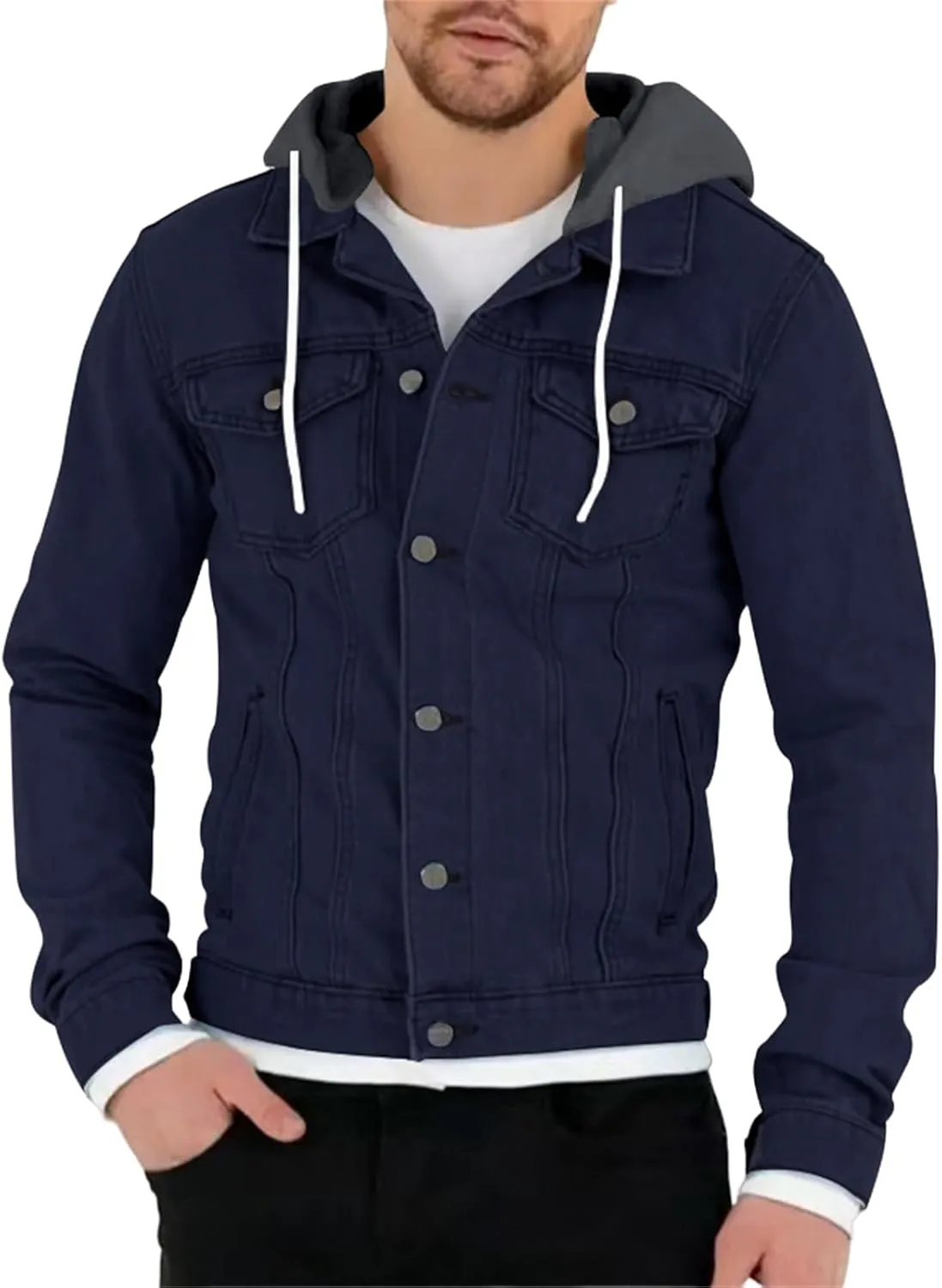 Mens Trendy Working Hoodies Jackets Zipper Long Sleeves Lapel Distressed Jean Coats Casual Fit Multi-Pocket Tops