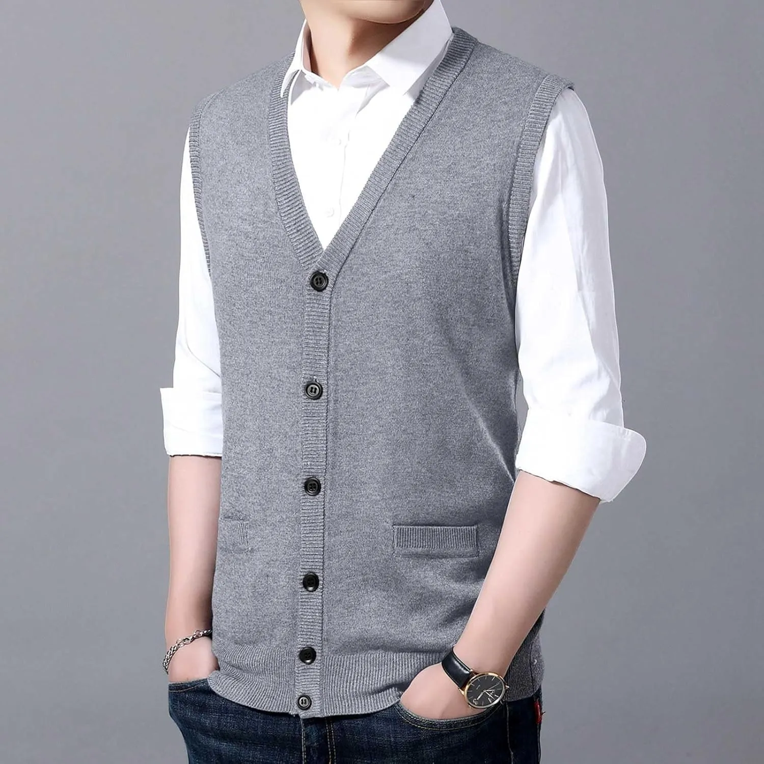 Men's V Neck Sweater Vest Notch Collar Button Down Shirts Solid Color Sleeveless Tops Knitted with Pockets Knitwear