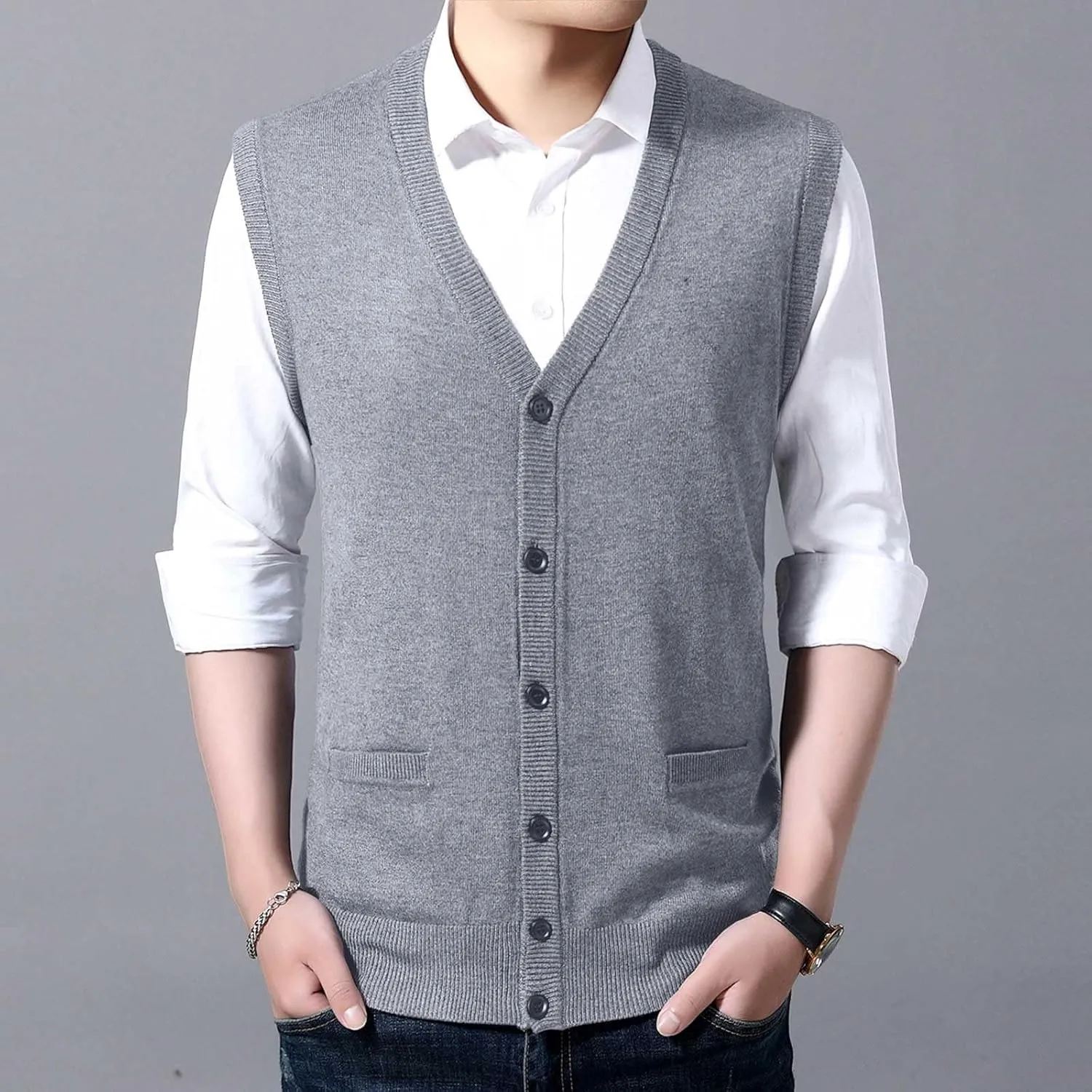 Men's V Neck Sweater Vest Notch Collar Button Down Shirts Solid Color Sleeveless Tops Knitted with Pockets Knitwear