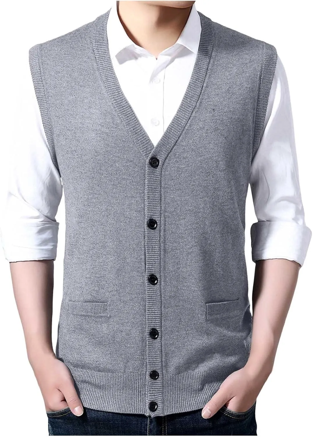 Men's V Neck Sweater Vest Notch Collar Button Down Shirts Solid Color Sleeveless Tops Knitted with Pockets Knitwear