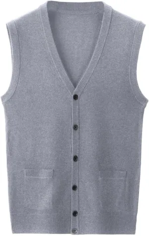 Men's V Neck Sweater Vest Notch Collar Button Down Shirts Solid Color Sleeveless Tops Knitted with Pockets Knitwear
