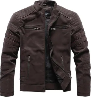 Mens Vintage Faux Leather Jacket PU Leather Motorcycle Jacket Zipper Racer Biker Coat with Multi-Pockets
