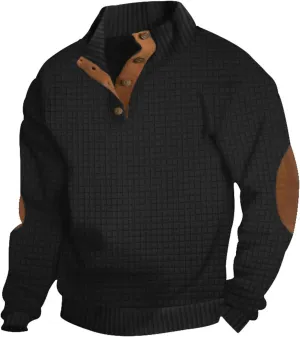 Men's Waffle Knitted Pullover Tops Patchwork Long Sleeve Sweatshirts Button V Neck Stand-Up Collar Loose Tops