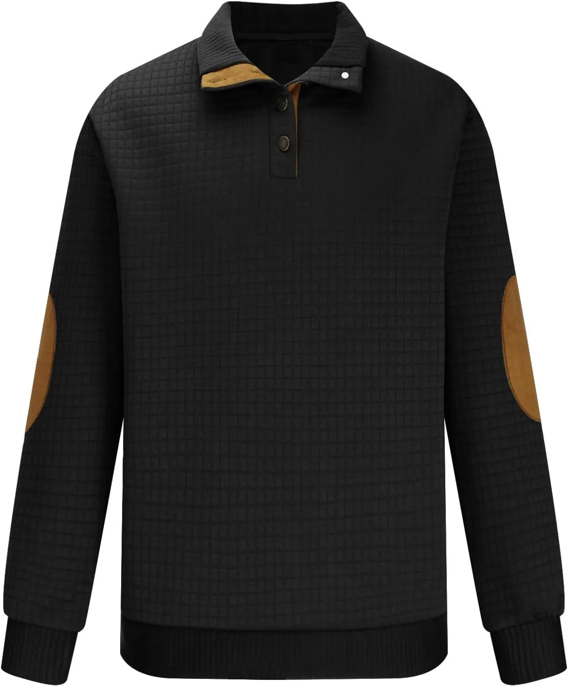 Men's Waffle Knitted Pullover Tops Patchwork Long Sleeve Sweatshirts Button V Neck Stand-Up Collar Loose Tops