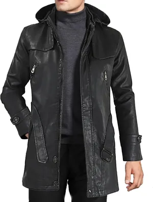 Men's Winter Casual Leather Jacket with Hooded Pockets Retro Distressed Outdoor Motorcycle Faux Leather Long Coats