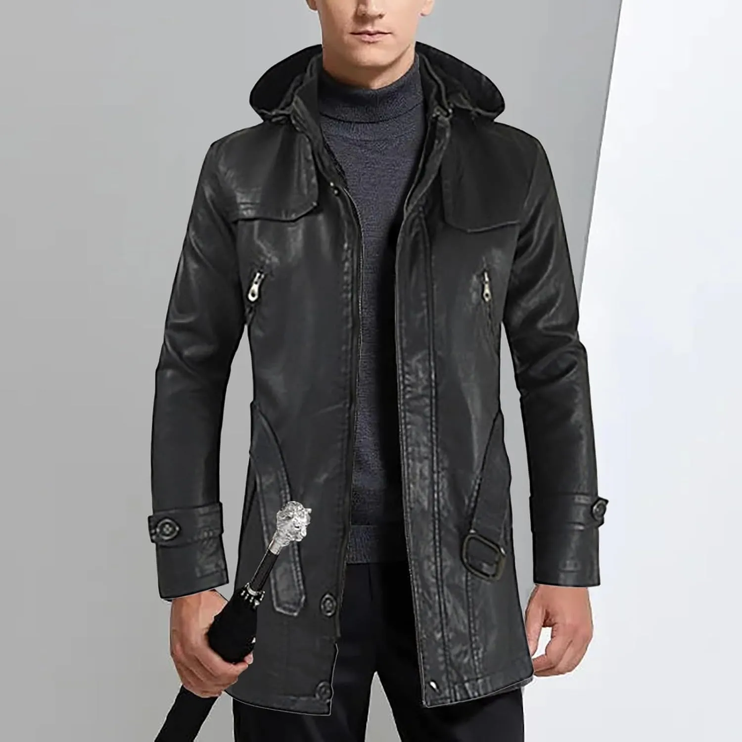 Men's Winter Casual Leather Jacket with Hooded Pockets Retro Distressed Outdoor Motorcycle Faux Leather Long Coats