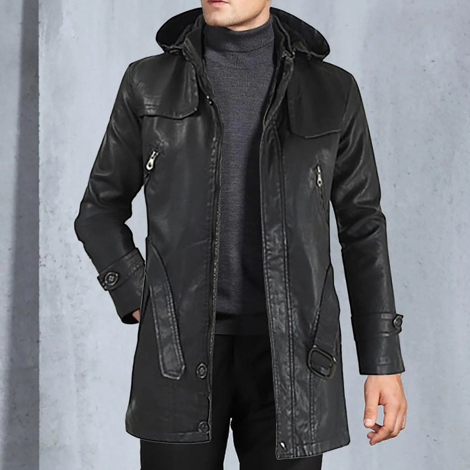 Men's Winter Casual Leather Jacket with Hooded Pockets Retro Distressed Outdoor Motorcycle Faux Leather Long Coats