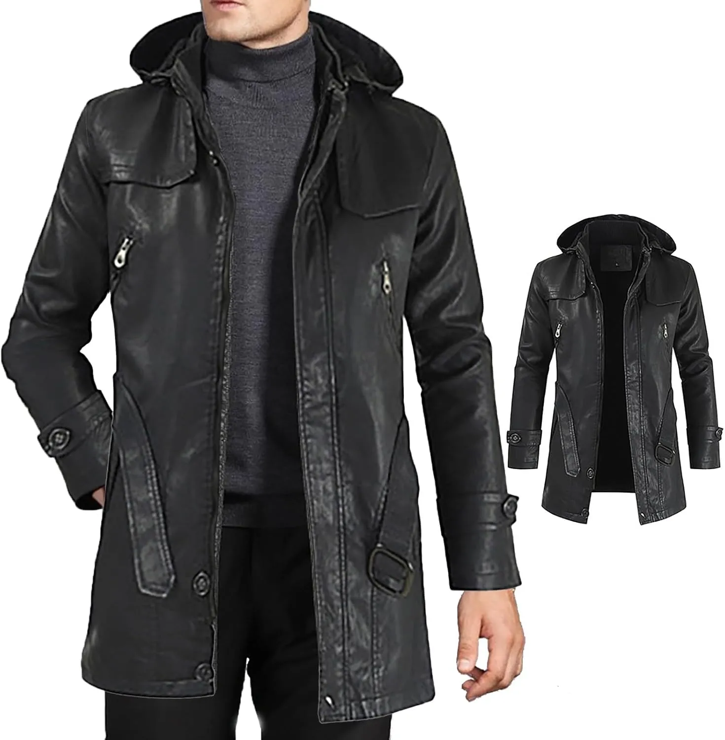 Men's Winter Casual Leather Jacket with Hooded Pockets Retro Distressed Outdoor Motorcycle Faux Leather Long Coats