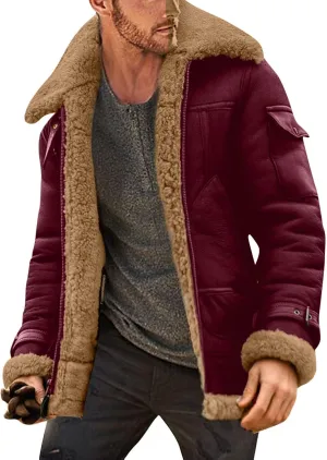 Mens Winter Coats, Mens Sherpa Fleece Lined Faux Leather Jacket Heavyweight Zip Up Bomber Jackets Vintage Winter Coats