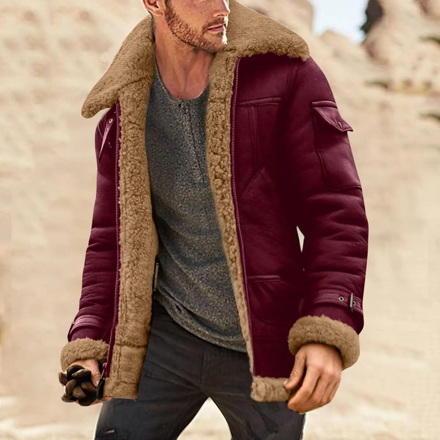 Mens Winter Coats, Mens Sherpa Fleece Lined Faux Leather Jacket Heavyweight Zip Up Bomber Jackets Vintage Winter Coats