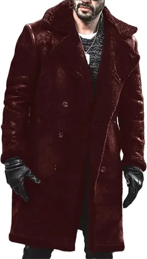 Mens Winter Long Sleeve Turn Collar Faux Fur Parka Jacket Classic Black Sheepskin Bomber Coat for Cold Weather
