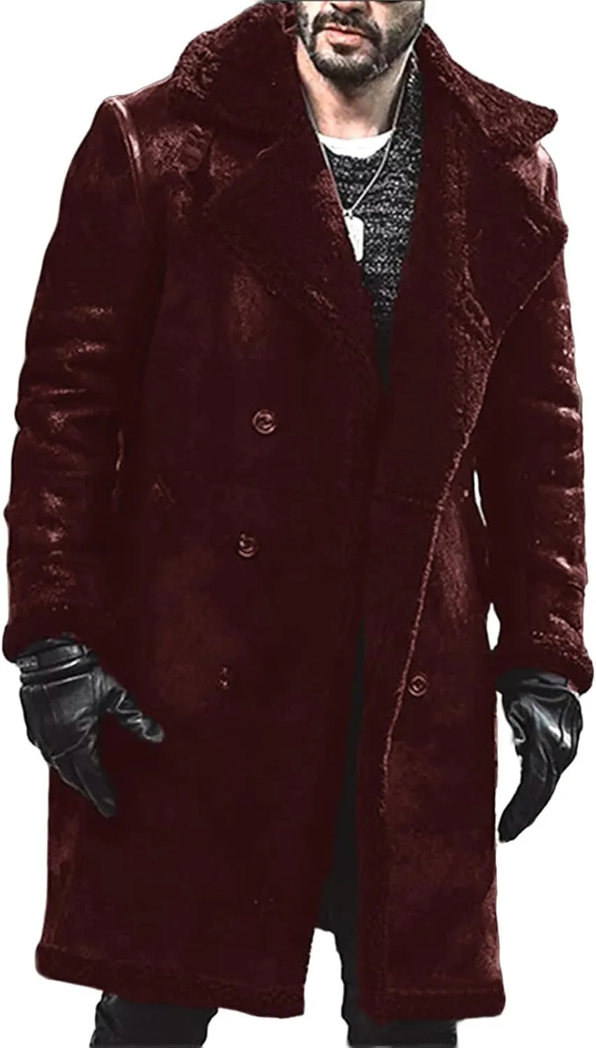 Mens Winter Long Sleeve Turn Collar Faux Fur Parka Jacket Classic Black Sheepskin Bomber Coat for Cold Weather