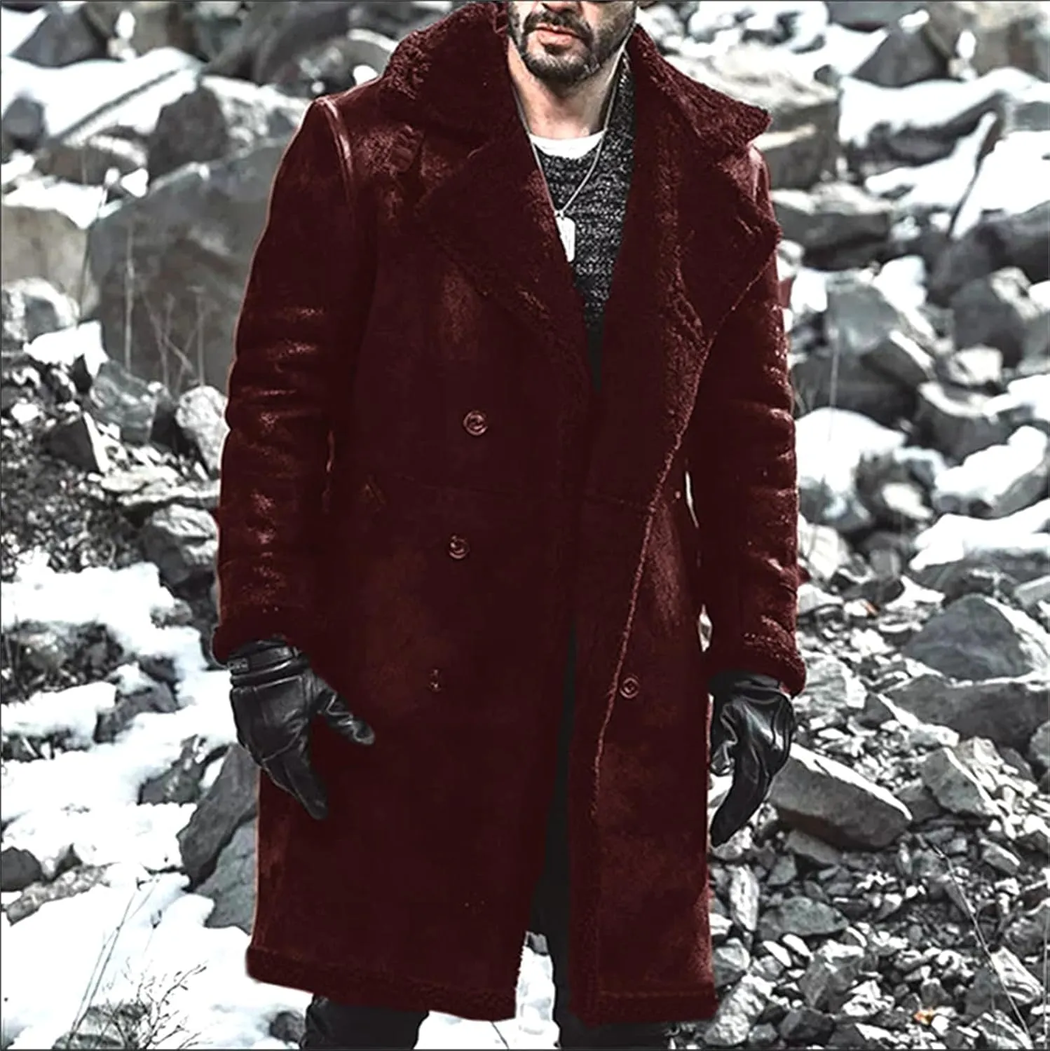 Mens Winter Long Sleeve Turn Collar Faux Fur Parka Jacket Classic Black Sheepskin Bomber Coat for Cold Weather