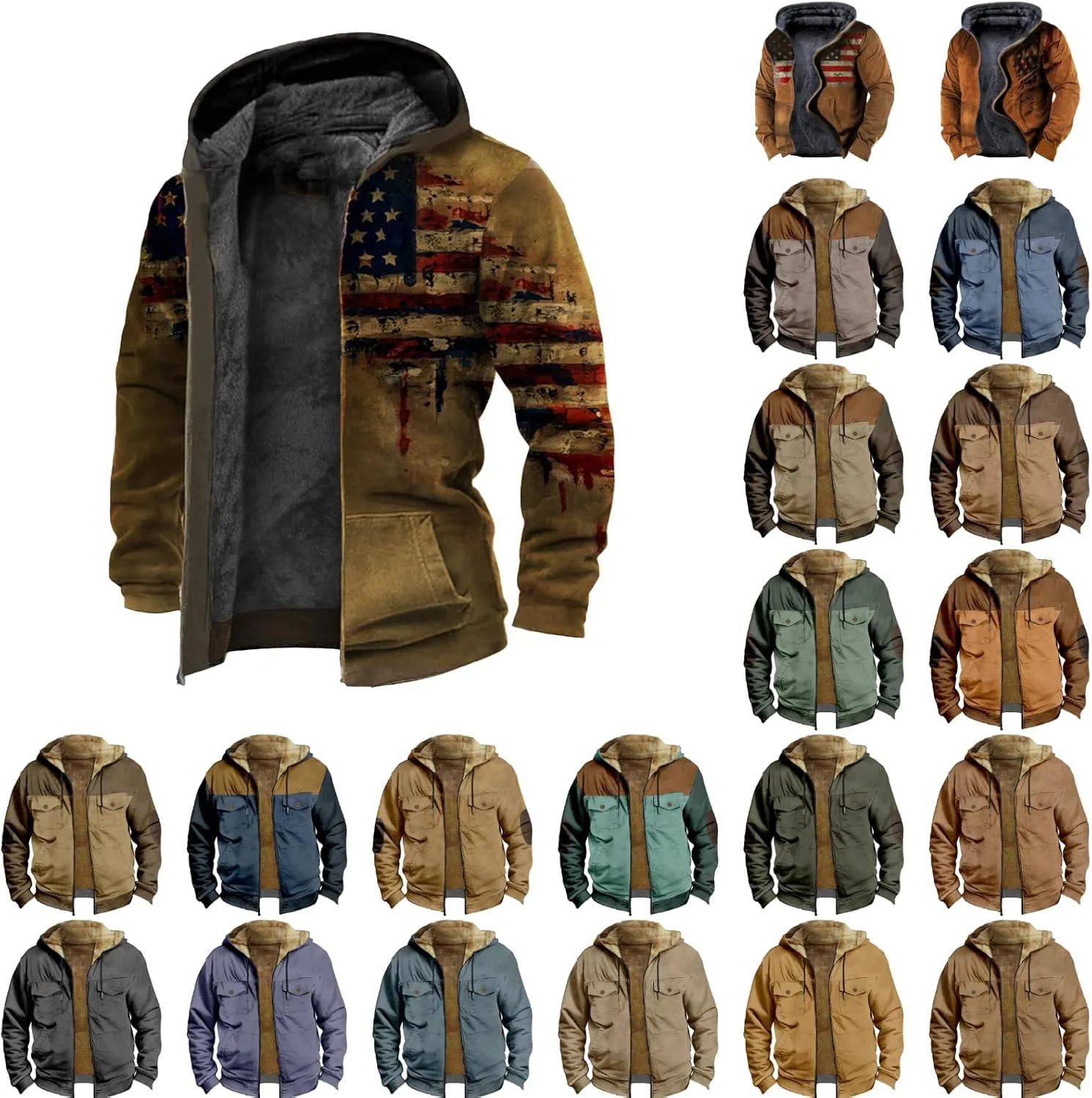 Men's Winter Warm Coats Zip Up Western Fleece Jackets Casual Retro Patriotic Sherpa Jacket Fall Country Cowboy Coats