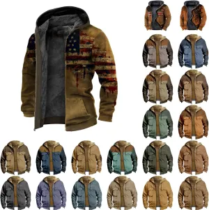 Men's Winter Warm Coats Zip Up Western Fleece Jackets Casual Retro Patriotic Sherpa Jacket Fall Country Cowboy Coats
