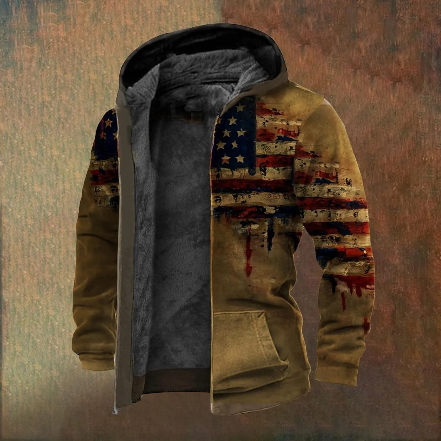 Men's Winter Warm Coats Zip Up Western Fleece Jackets Casual Retro Patriotic Sherpa Jacket Fall Country Cowboy Coats