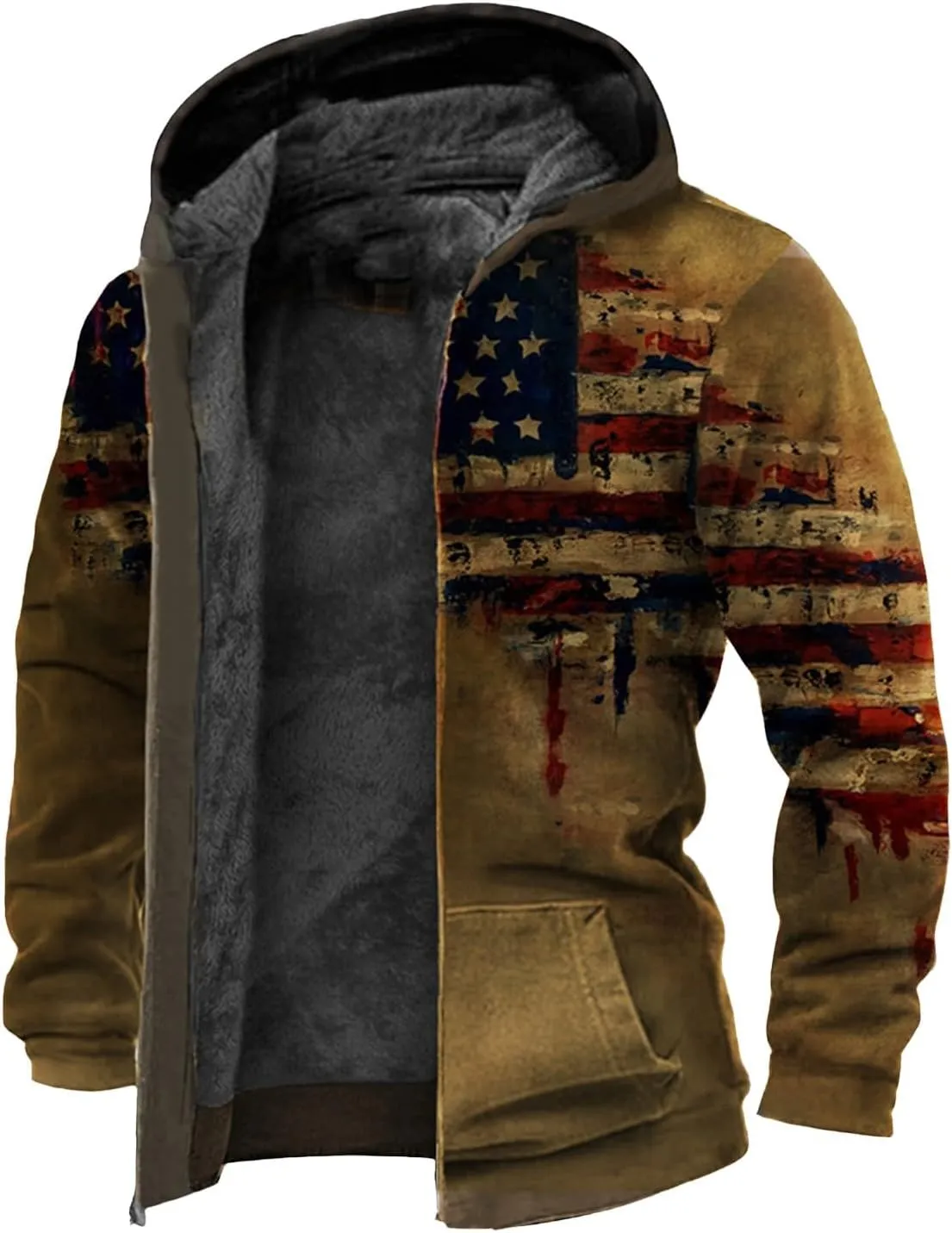 Men's Winter Warm Coats Zip Up Western Fleece Jackets Casual Retro Patriotic Sherpa Jacket Fall Country Cowboy Coats