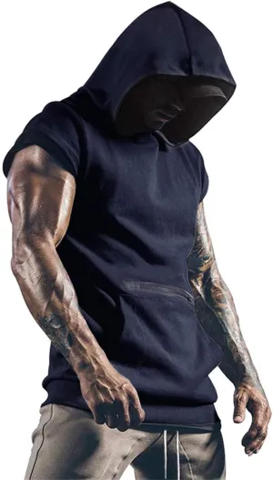 Men's Workout Hooded Tank Tops Sleeveless Gym Hoodies Bodybuilding Muscle Cut Off T Shirt Athletic Tees with Pockets