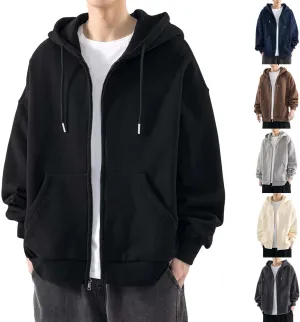 Men's Zip Up Hoodie Loose Fit Long Sleeve Sweatshirts Full Zip Drawstring Casual Lightweight Jacket With Pockets
