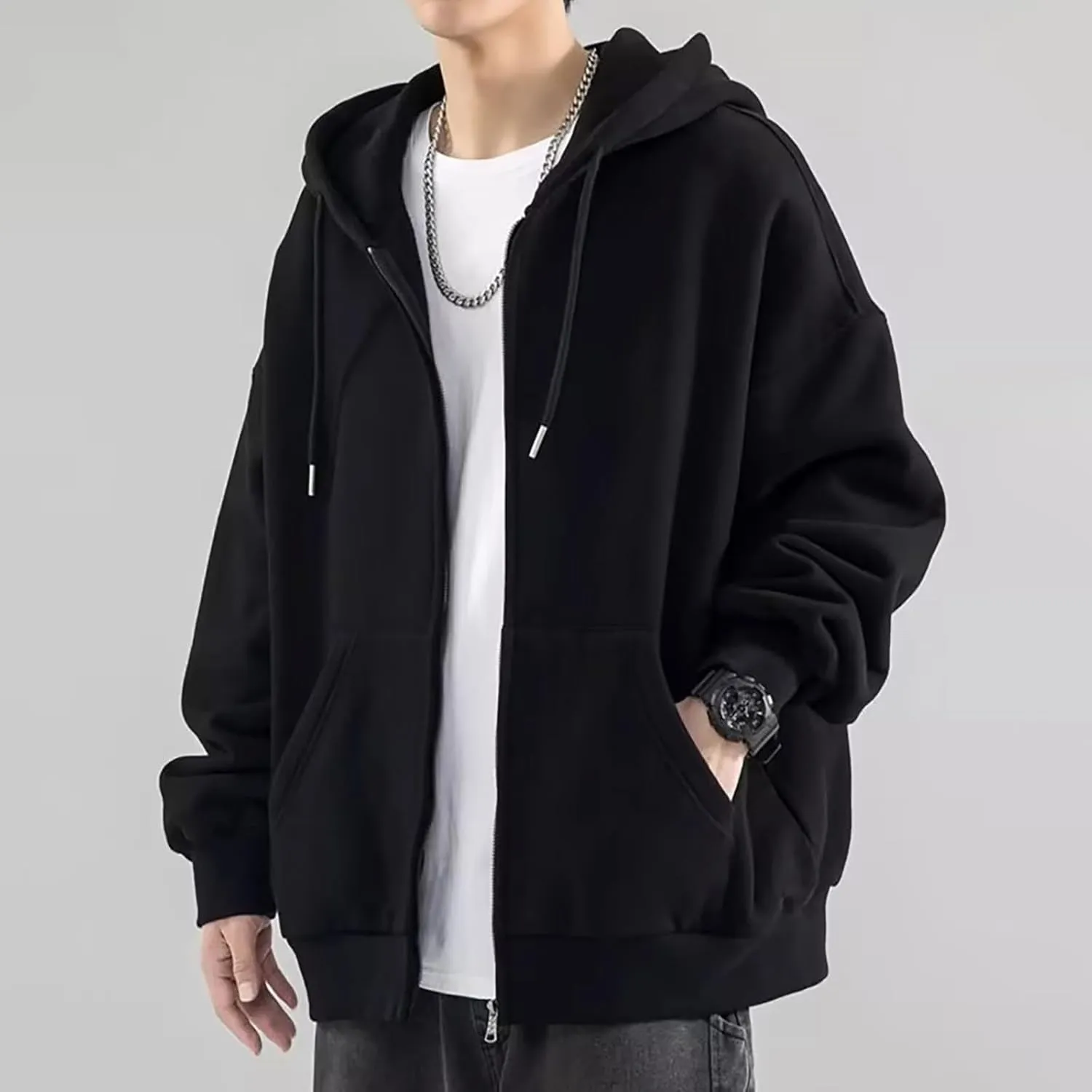 Men's Zip Up Hoodie Loose Fit Long Sleeve Sweatshirts Full Zip Drawstring Casual Lightweight Jacket With Pockets