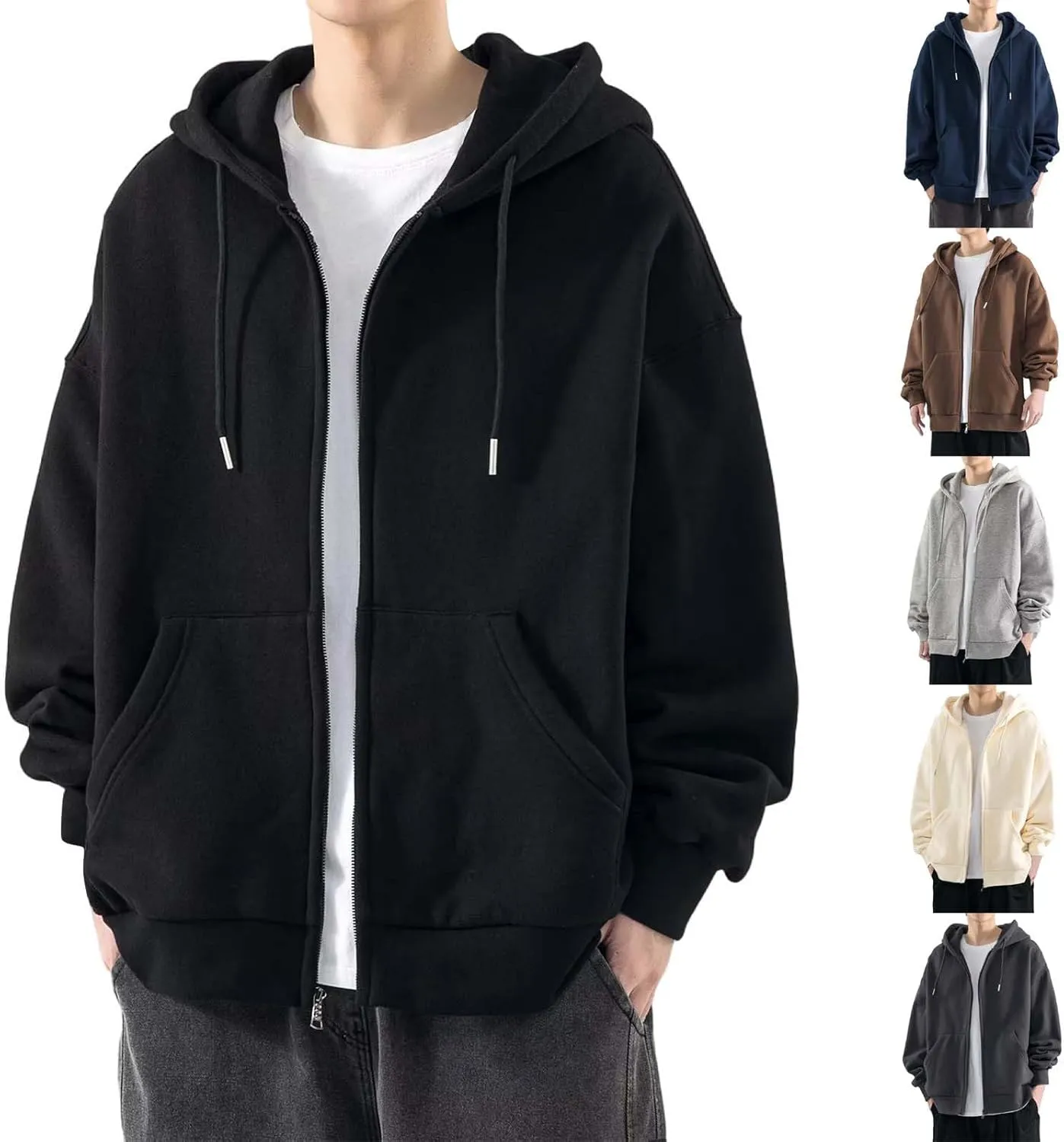 Men's Zip Up Hoodie Loose Fit Long Sleeve Sweatshirts Full Zip Drawstring Casual Lightweight Jacket With Pockets