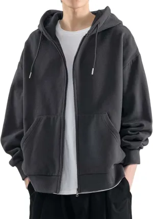 Men's Zip Up Hoodie Loose Fit Long Sleeve Sweatshirts Full Zip Drawstring Casual Lightweight Jacket With Pockets