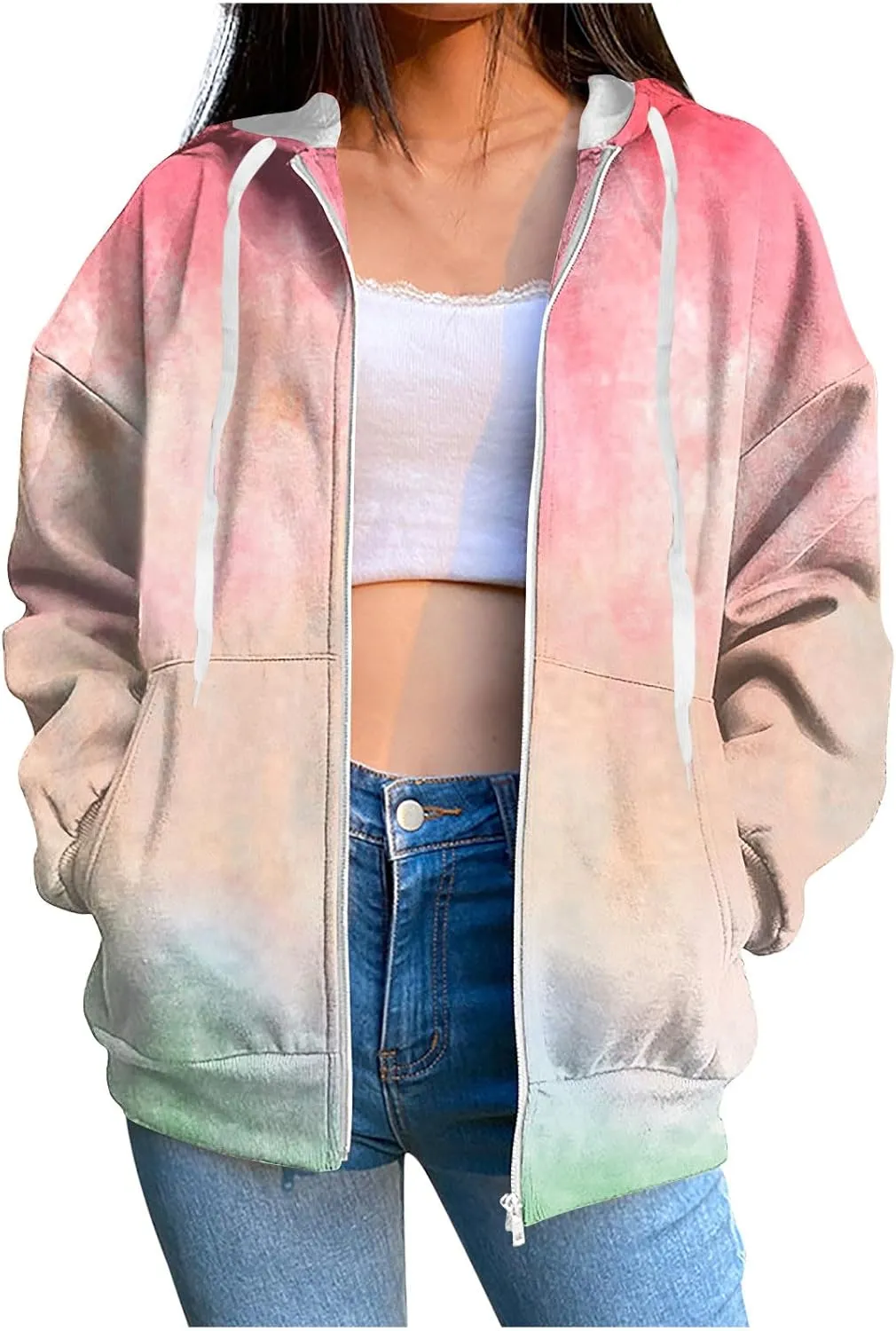 Ombre Pastel Zip Up Hoodie for Women Casual Gradient Color Jacket Drawstring Soft Sweatshirt Spring Fall Cozy Layer