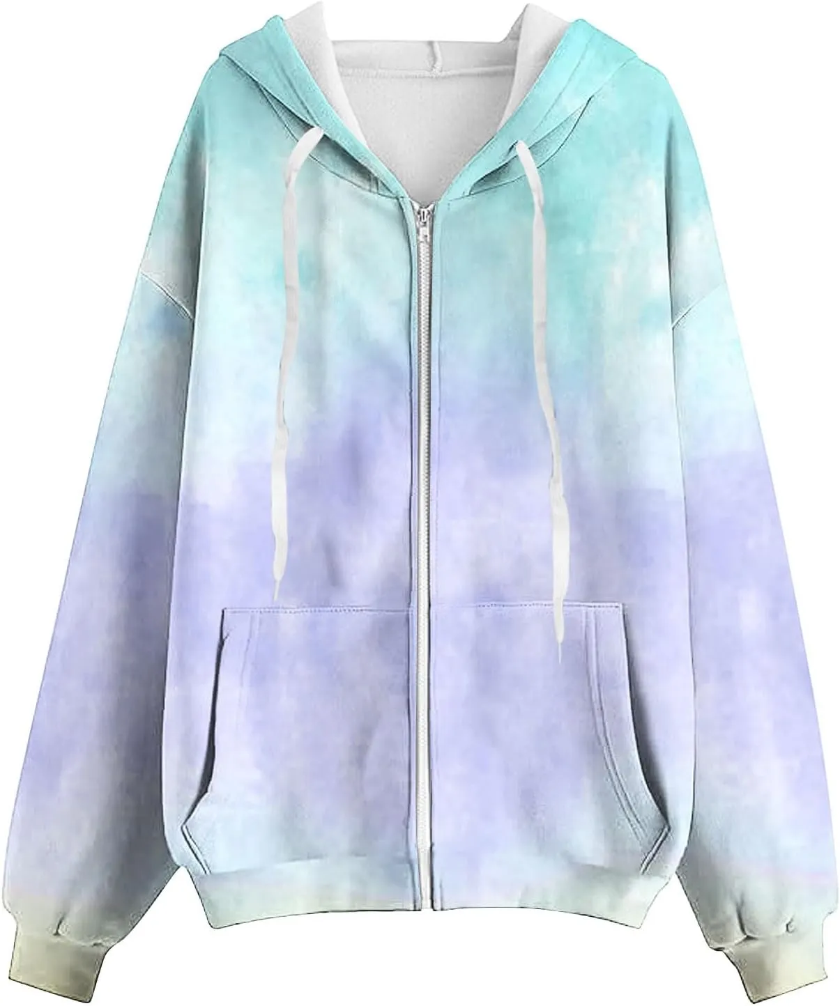 Ombre Pastel Zip Up Hoodie for Women Casual Gradient Color Jacket Drawstring Soft Sweatshirt Spring Fall Cozy Layer