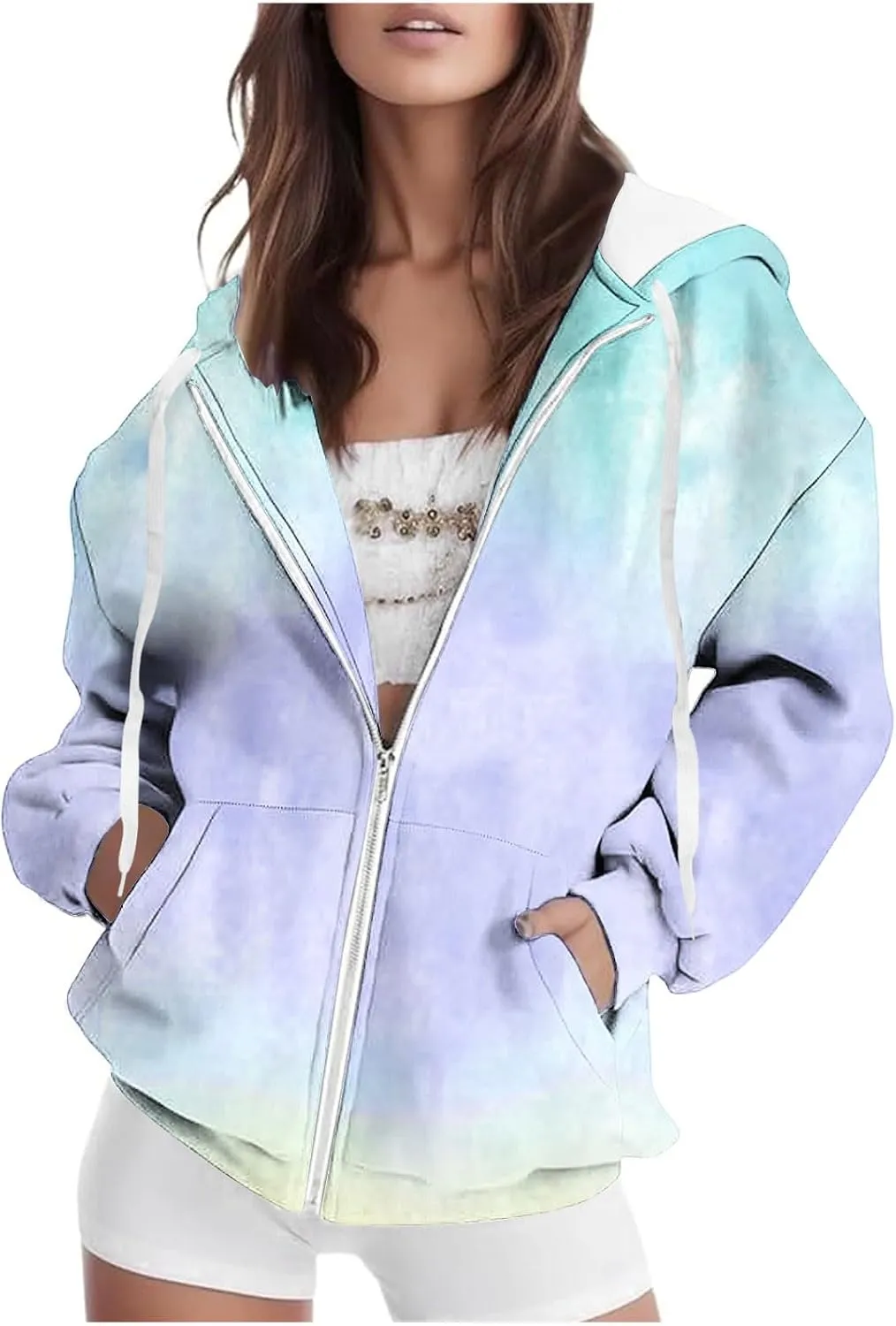 Ombre Pastel Zip Up Hoodie for Women Casual Gradient Color Jacket Drawstring Soft Sweatshirt Spring Fall Cozy Layer