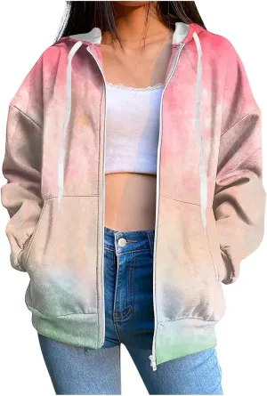 Ombre Pastel Zip Up Hoodie for Women Casual Gradient Color Jacket Drawstring Soft Sweatshirt Spring Fall Cozy Layer
