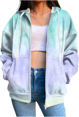 Ombre Pastel Zip Up Hoodie for Women Casual Gradient Color Jacket Drawstring Soft Sweatshirt Spring Fall Cozy Layer