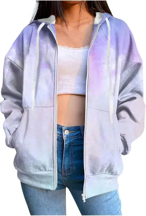 Ombre Pastel Zip Up Hoodie for Women Casual Gradient Color Jacket Drawstring Soft Sweatshirt Spring Fall Cozy Layer