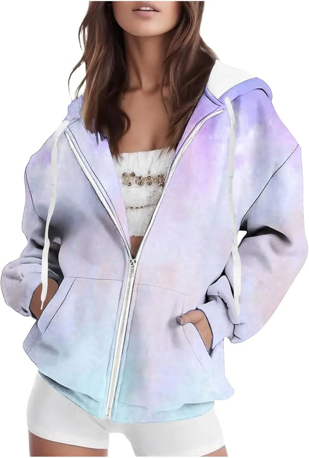 Ombre Pastel Zip Up Hoodie for Women Casual Gradient Color Jacket Drawstring Soft Sweatshirt Spring Fall Cozy Layer