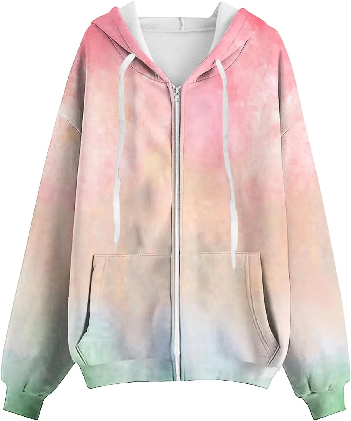 Ombre Pastel Zip Up Hoodie for Women Casual Gradient Color Jacket Drawstring Soft Sweatshirt Spring Fall Cozy Layer
